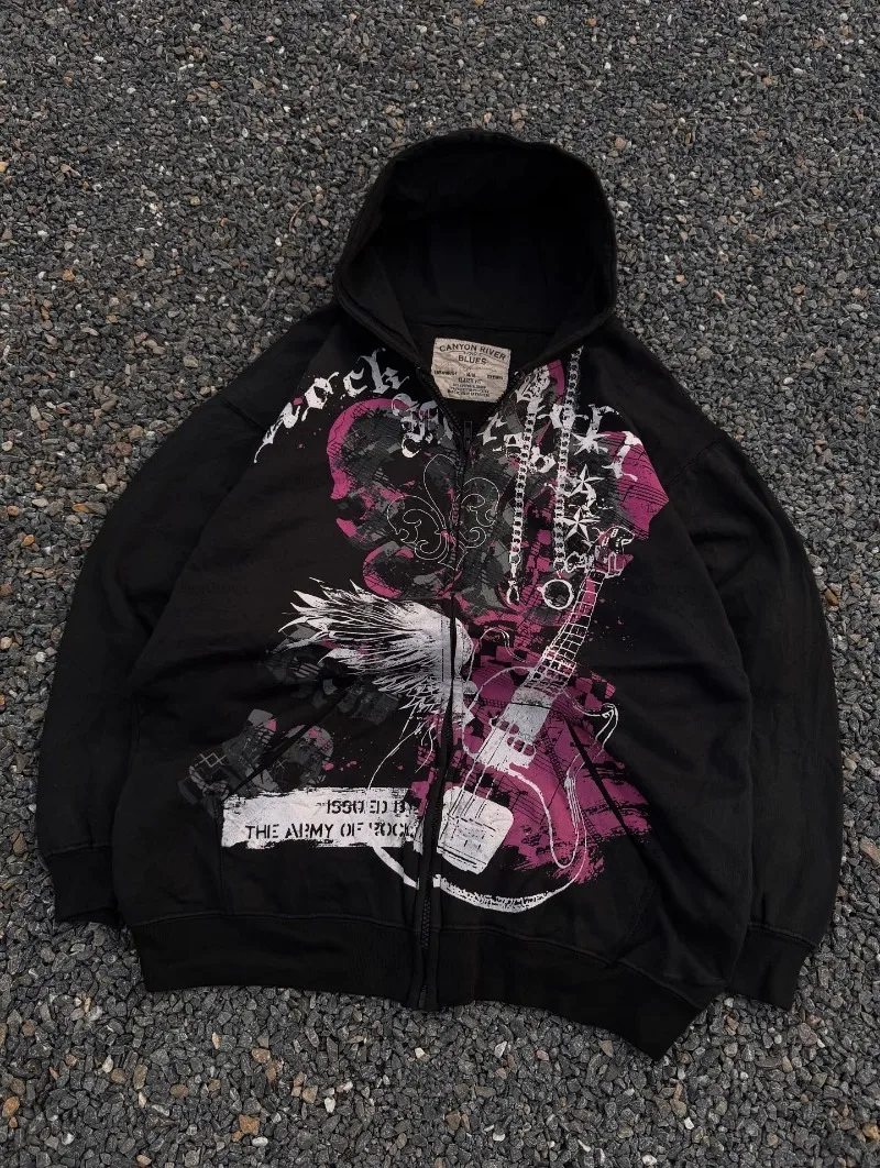 Punk High Street Hip-hop Letter Print Oversized Zipper Hoodie Women Y2K Casual Trendy Brand Harajuku Rock Loose Sweatshirt Men