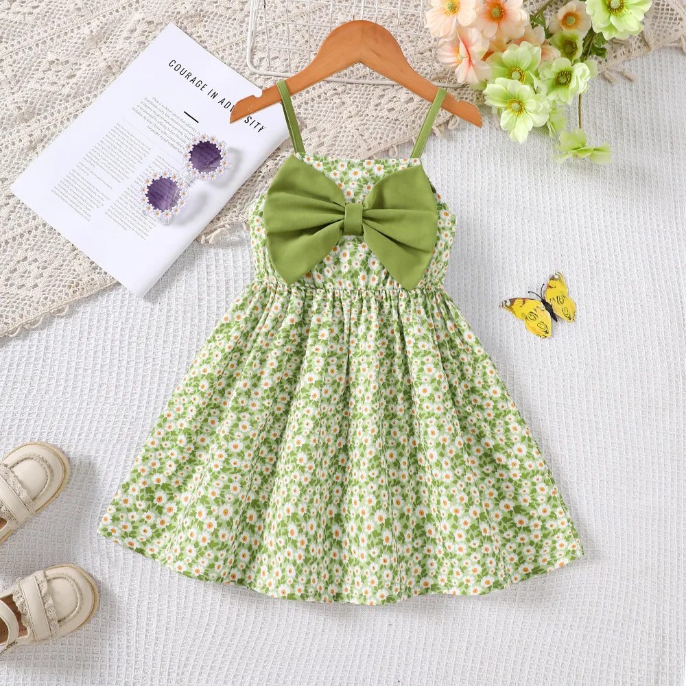 Toddler Girls' Green Floral Camisole Dress - Large Bow Decoration on Chest, Fresh Sweet Pastoral Dress for Spring & Summer