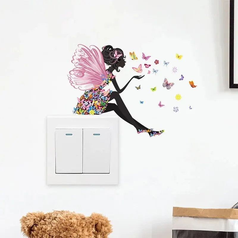 5pcs Butterfly Flower Fairy Switch Stickers, Home Decoration Wall Stickers, Cute Room Decoration Supplies