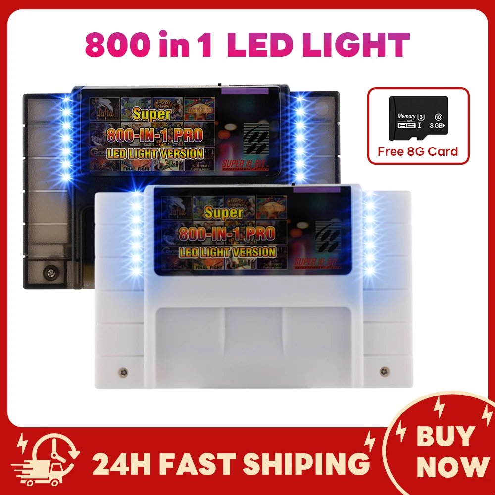 

Led Light Version 800 in 1 SNES 16 Bit Game Console Cartridge Game Card f Support USA/EUR/Jap Console