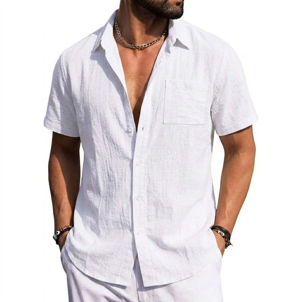 Men's Linen Shirts Short Sleeve Casual Shirts Button Down Shirt for Men Summer Beach Wedding Shirt Solid Color Hawaiian Shirt