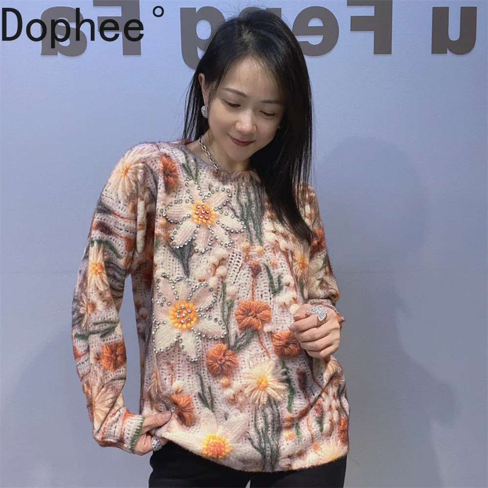 

Новинка 2025, осенне-зимний вязаный пуловер из искусственного меха норки с длинными рукавами, универсальный вязаный свитер с круглым вырезом и цветами с принтом бриллиантов