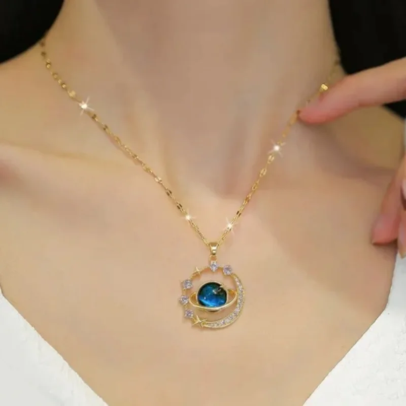 

Women Gold Planet Moon Pendant Necklace Luxury Jewelry Gift Fashion Design