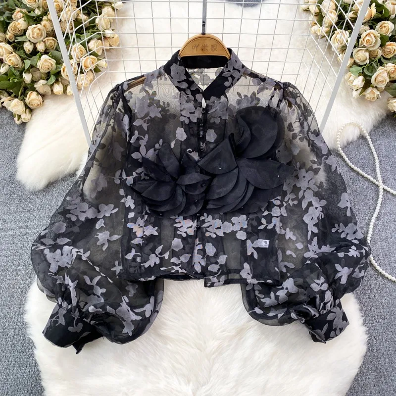 Neploe Vintage Fashion 3d Flower Organza Shirts Women Stand Collar Single Breasted Blouses Y2k Lantern Sleeve Blusas Mujer