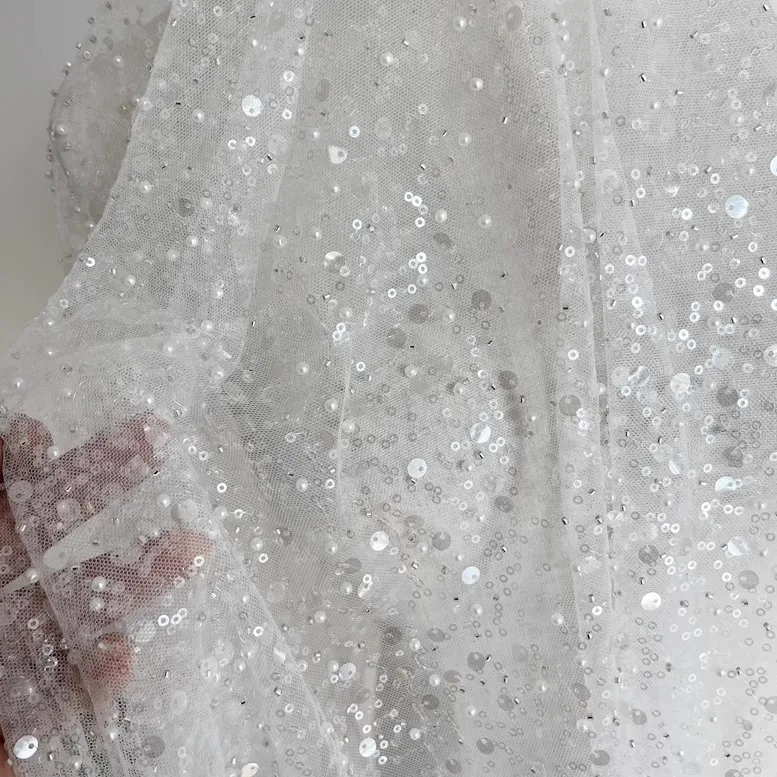 Picture 6: 1yard White champagne gold mesh fabric Bead sequins sewing wedding dress women's dress accessories tissu