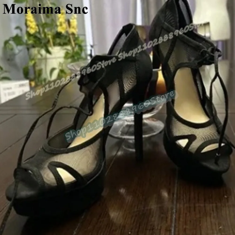 

Sexy Black Air Mesh Platform Sandals Thin High Heel Casual Shoes For Women Lace Up Peep Toe Party Trendy 2026 Zapatos Para Mujer