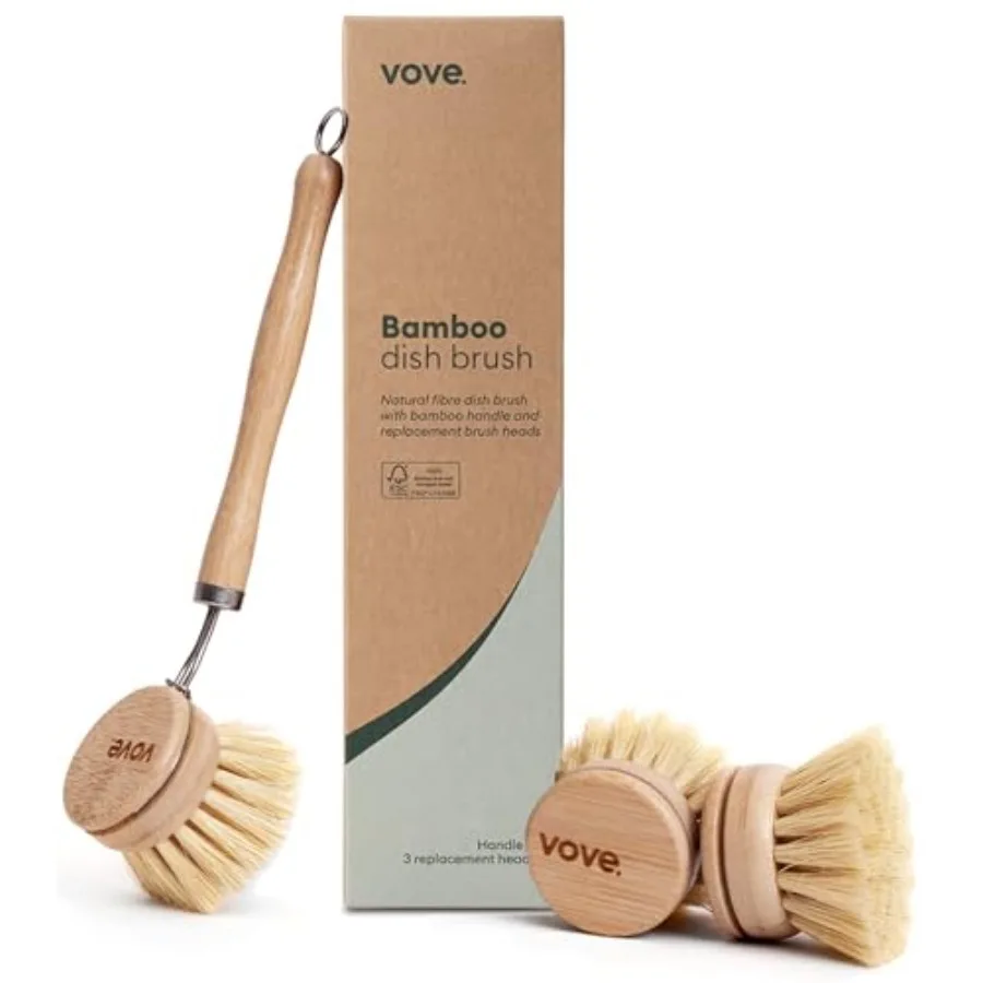 

Bamboo Dish Brush with 3 Replacement Heads, Plastic-Free Kitchen Scrub Brush for Pots Pans and Dishes, FSC-Certified Bamboo Han