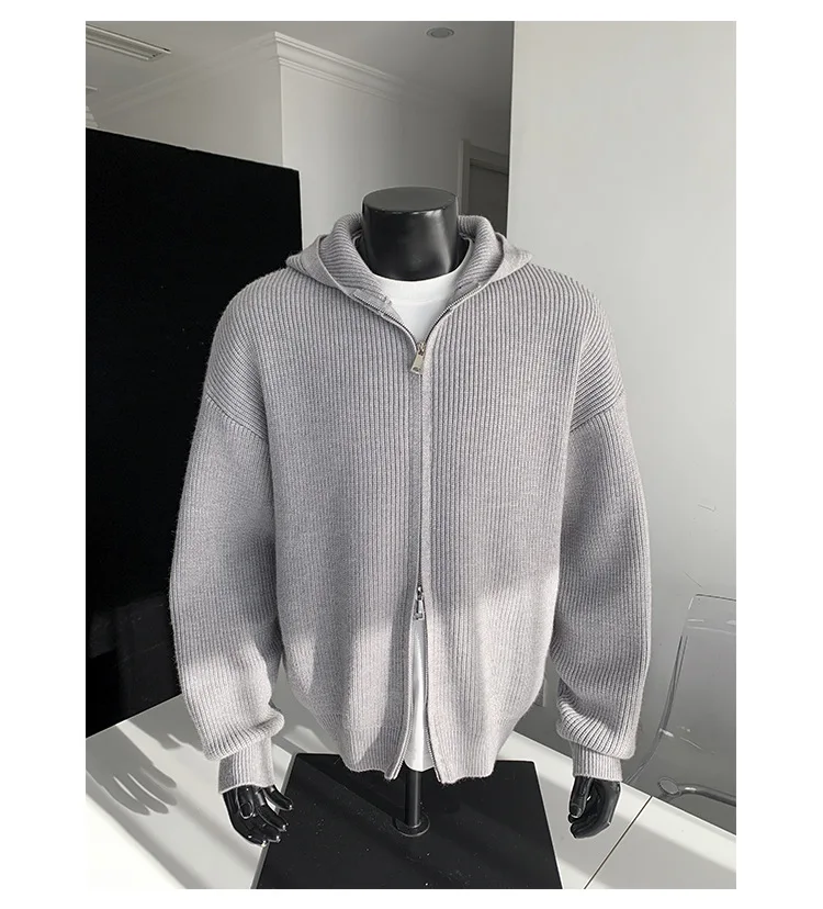2026 New Autumn Winter Simple Solid Color Knitted Hoodie Men Japan Korean Fashion Casual Loose Double Zipper Hooded Jacket