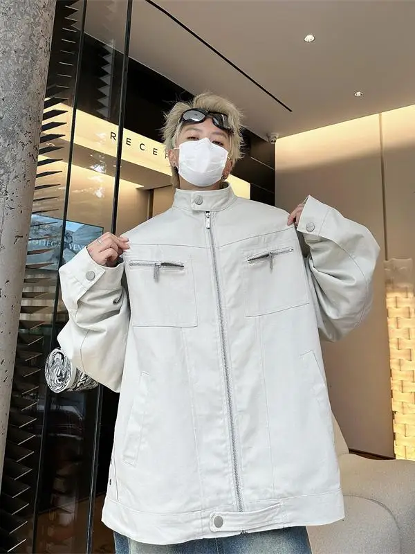 

Loose Fit Stand Collar Jaet for Women Spring Autumn Season American Retro Sle Versatile ex Trendy Brand Zipper Decora...