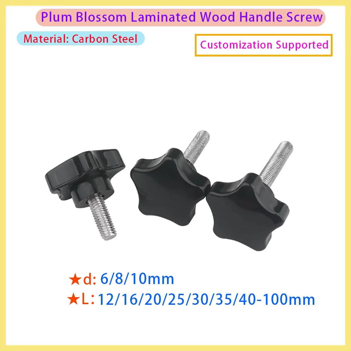 Black Carbon Steel Pentagonal Plastic Handle Plum Blossom Manual Tightening Bolt Mechanical Knob M4 M5 M6 M8 M10 M12