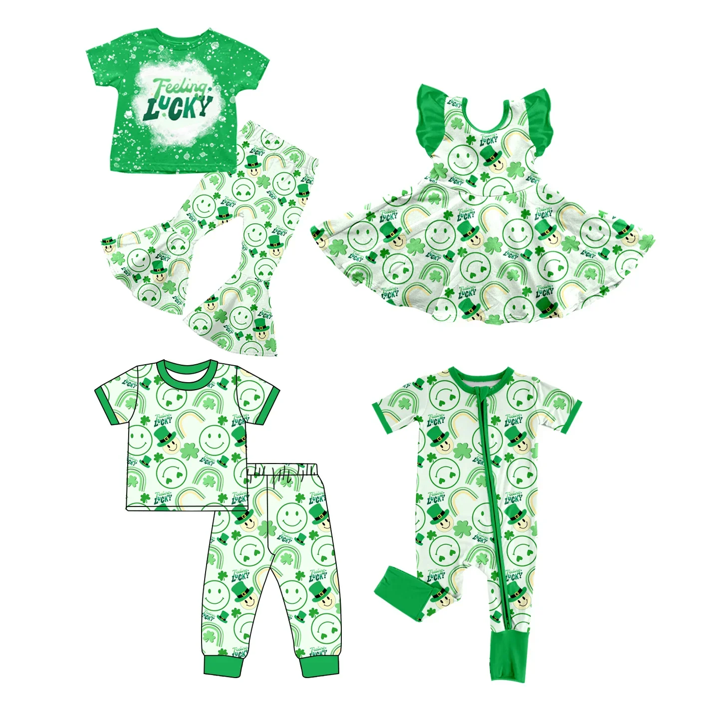 St. Parker's Day boutique children's suit short-sleeved four-leaf clover print trousers pajamas set baby zipper jumpsuit dress