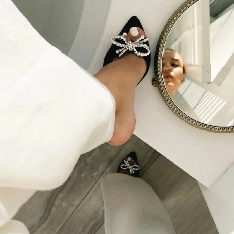 Bow Rhinestone Fish Mouth Open Toe High Heels Wine Cup Heel Mid Heel Sandal Slippers Women
