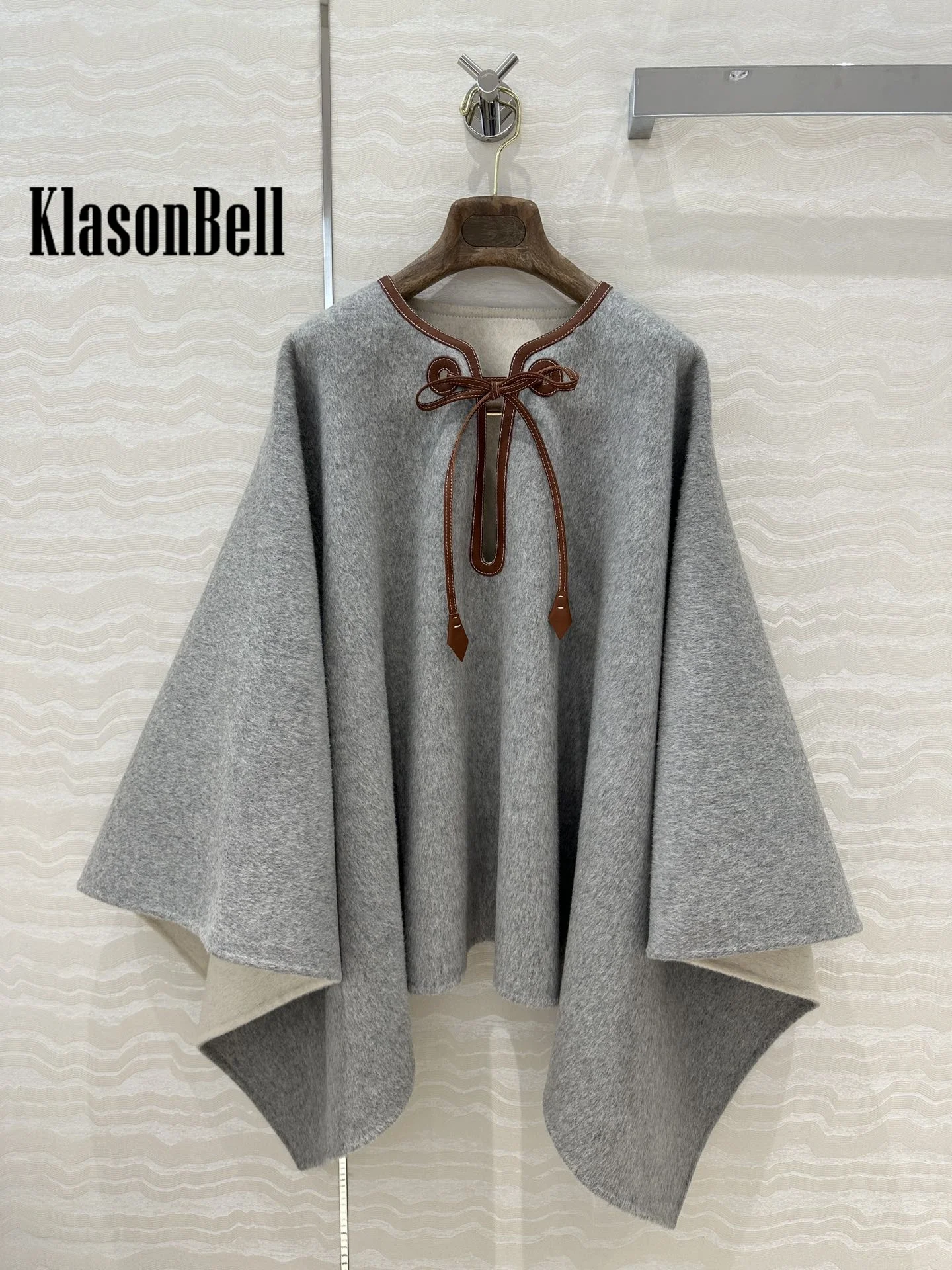 9.21 KlasonBell Women\'s Fashion Genuine Leather Lace-up Decoration Shawl Capes Elegant Keep Warm Cashmere Asymmetric Coat