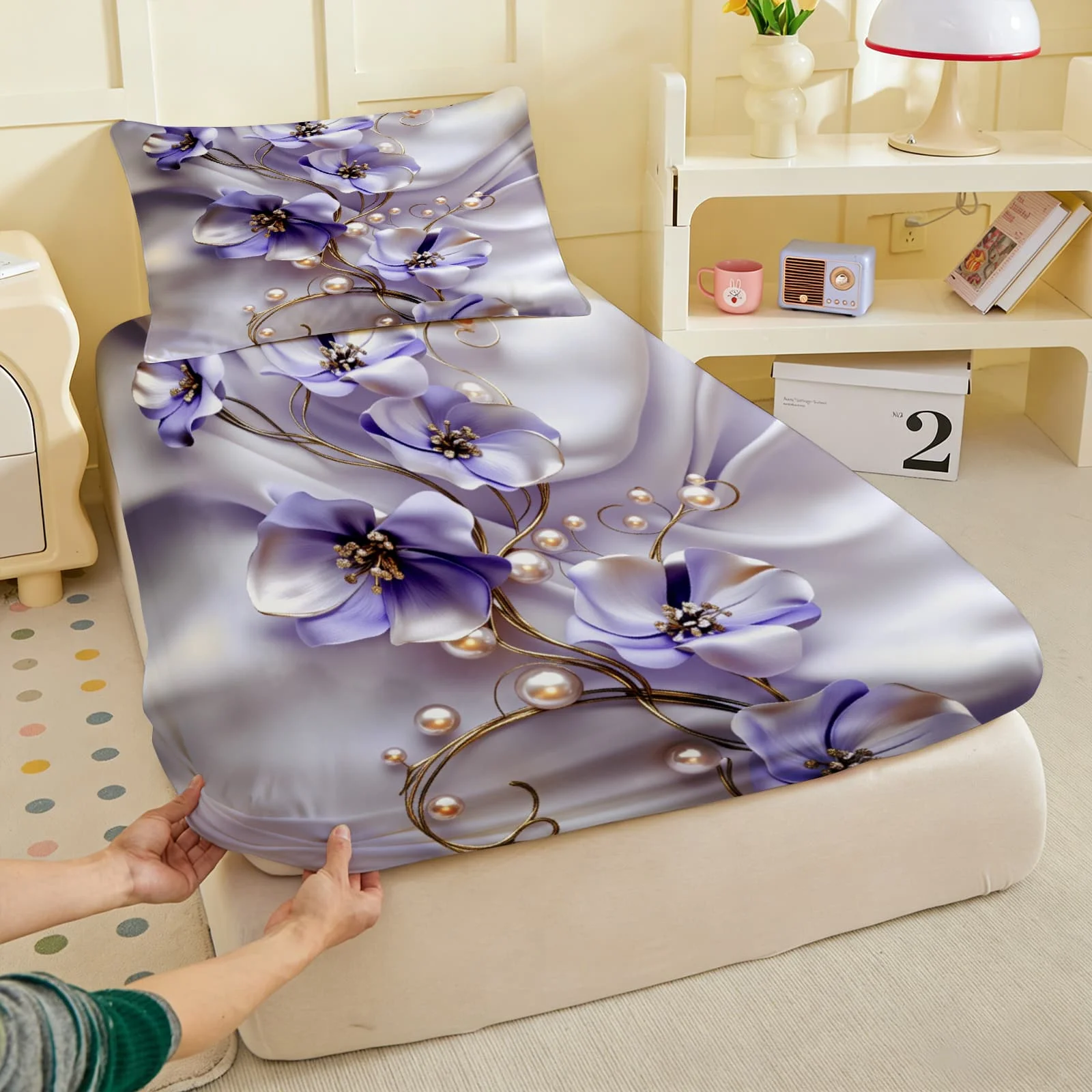 1pc 3D Purple Flowers Golden Vines Pearls Fitted Sheet Deep Pocket Elastic Mattress Cover Single Double Queen King Bedroom Decor