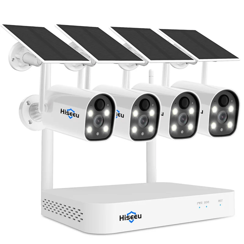 

Hiseeu 4MP Wireless 4-Cam Kits Solar Powered Wireless Security Camera System Spotlight Color Night Vision Motion Detection 2-way