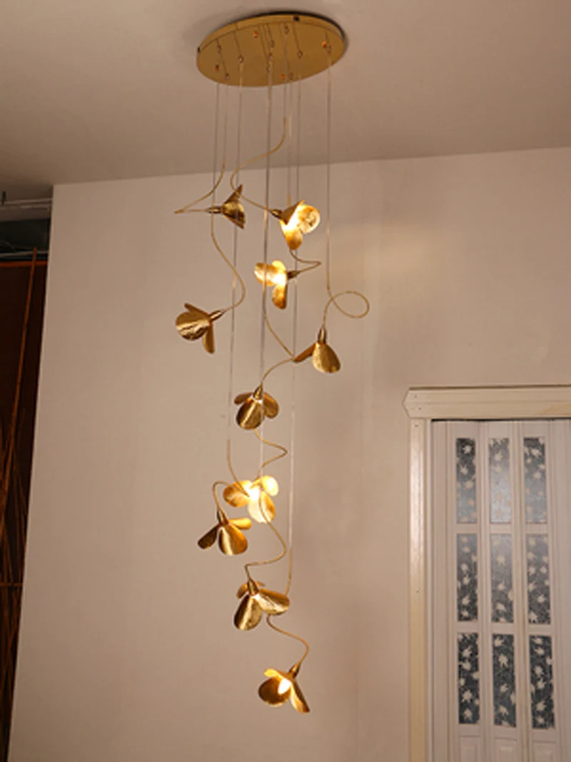 

New all-copper duplex long chandelier villa living room luxury creative restaurant Pendant light art petal lamps 2022 new