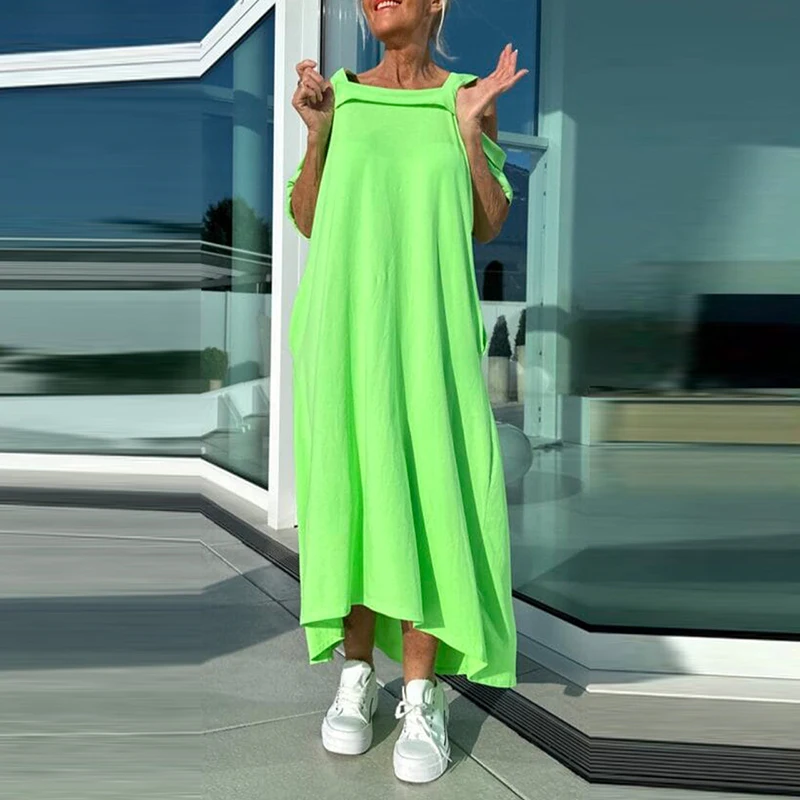 여름 할로우 반팔 느슨한 롱 드레스 캐주얼 오프 숄더 포켓 풀오버 드레스 우아한 솔리드 컬러 홀리데이 드레스 Vestido