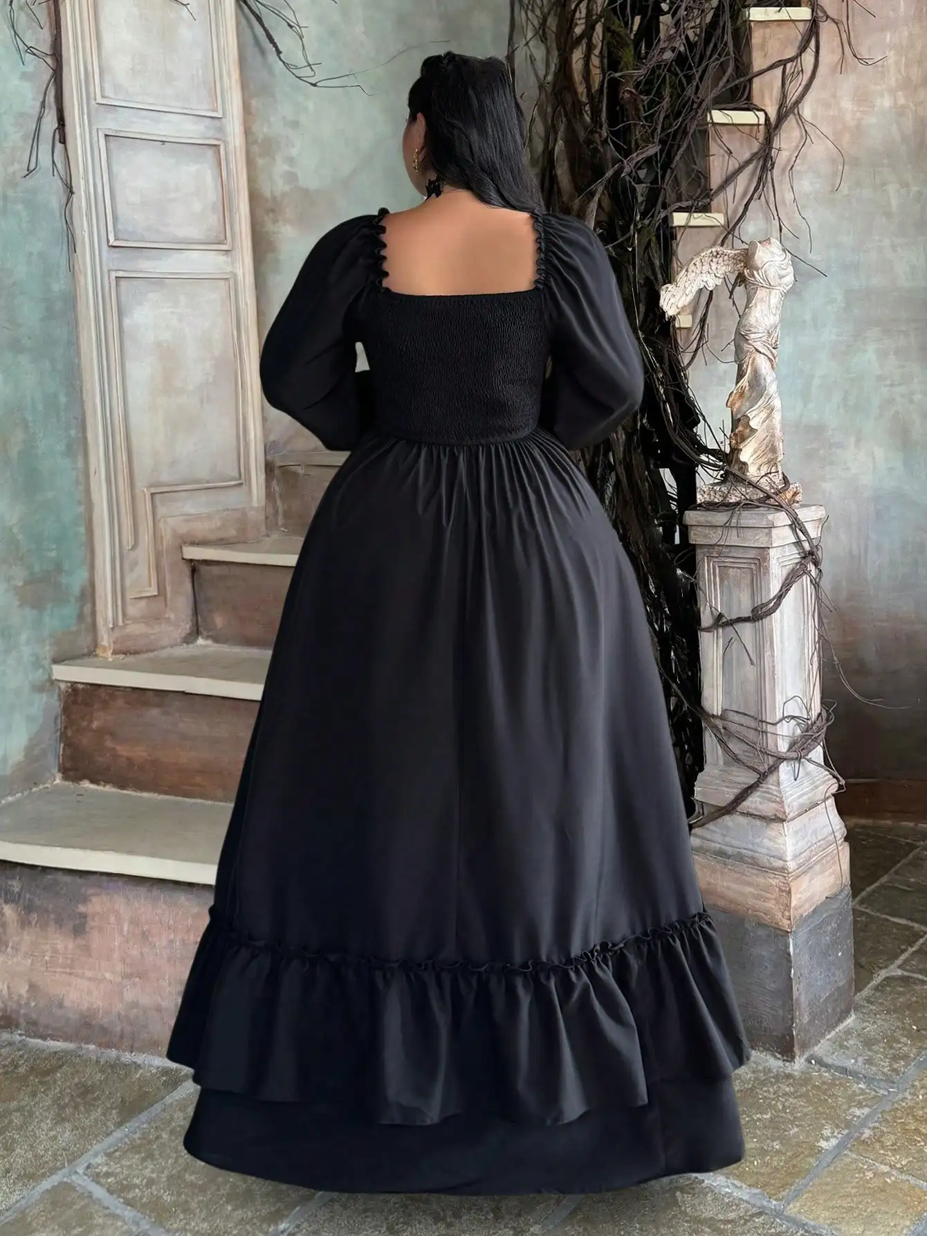 

Plus Size Medieval Jacquard Vintage Palace Princess Ruffle Hem A-Line Floor Length Dress For Women Autumn Winter