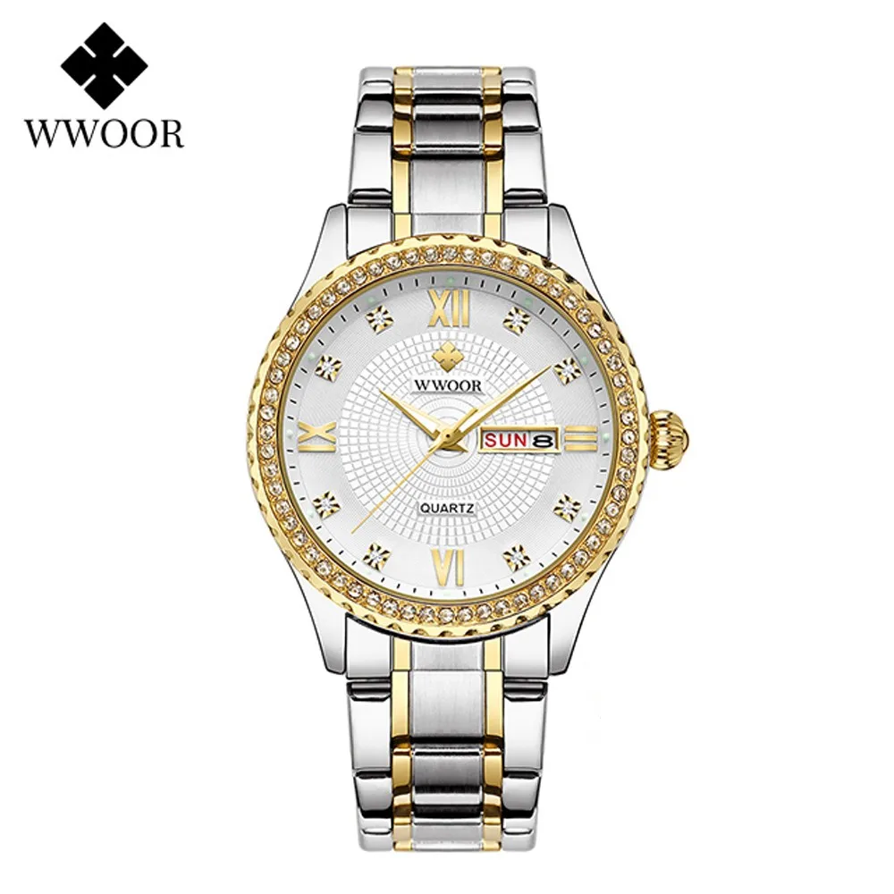 Mode Wwoor Topmerk Luxe Diamant Goud Volledig Roestvrij Staal Kwarts Liefhebber Geschenken Voor Mannen En Vrouwen Paar Paar Horloge