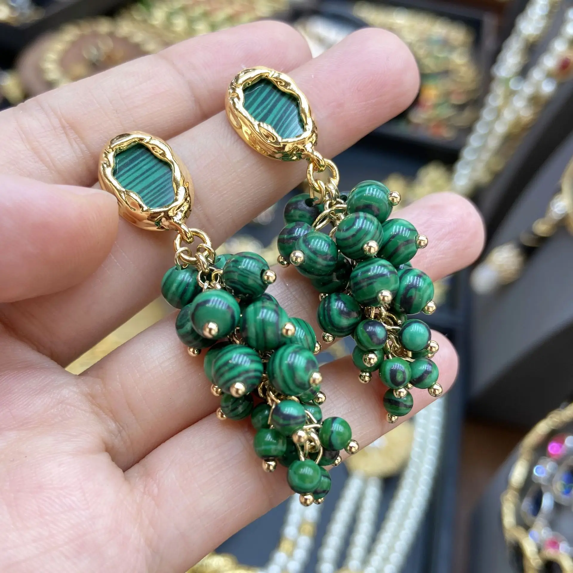 Medieval malachite grape string retro light luxury French high-end earrings