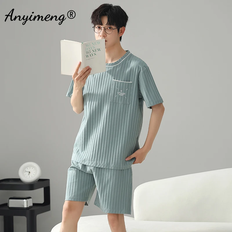 New Summer Men Faux Cotton Pajamas Short Sleeves Shorts Nightwear Plus Size L-3XL Homewear for Young Man Pullover Pijamas