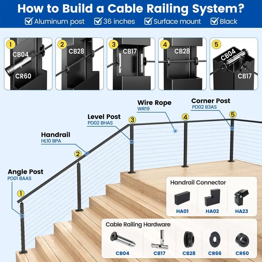 Aluminum Black Stair Cable Railing Post 36 Inch for 2535 Degrees Stair 36X2x2 Surface Mount Cable Railing System Kit Indoor Outd