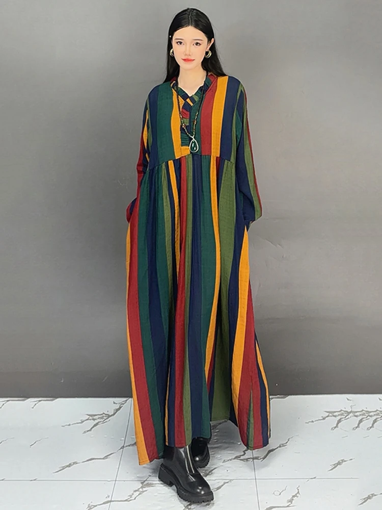 SHENGPALAE Striped Color Block Long Dresses Women V Neck Full Sleeve Loose Spliced Pockets New 2024 Female Clothing 5C1525