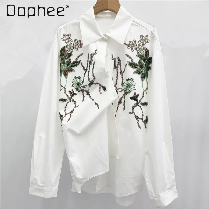

Heavy Embroidery Beaded Sequin Oversized Long Sleeve Shirt Women Commuting Style Loose Turn-Down Collar Loose Slim Shirt Top