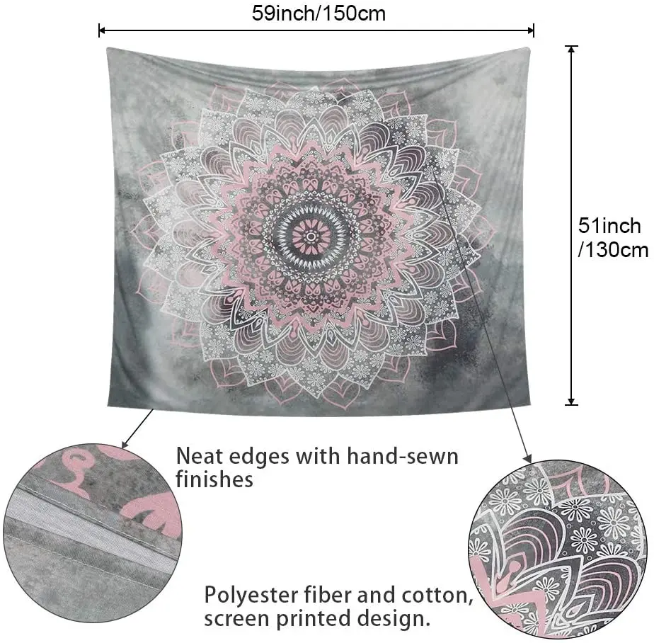 Indian Tapestry Hippie Bohemian Grey Pink Mandala Flower Tapestry Wall Hanging Bedding Tapestry