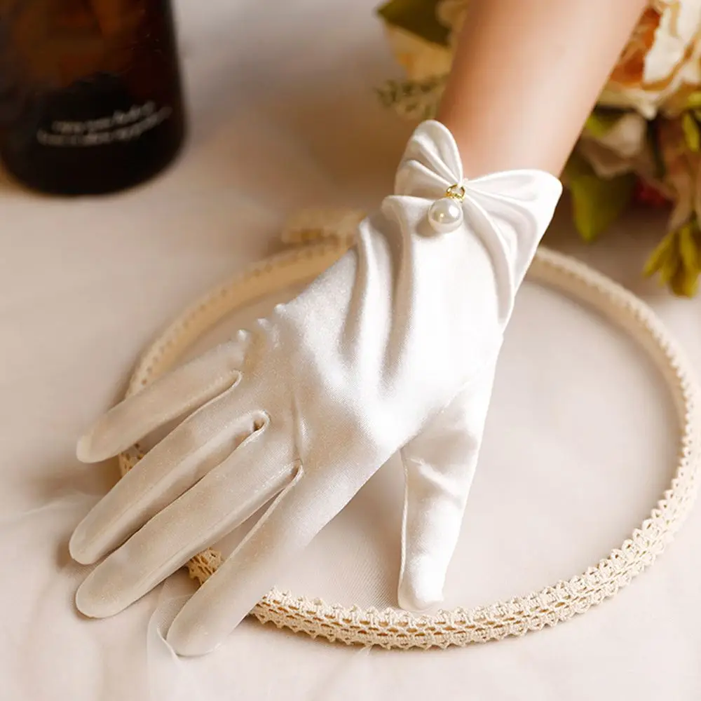 Party Trendy Für Mädchen Fünf Finger Satin Leistung Frauen Hochzeit Handschuhe Koreanische Fahren Fäustlinge Perle Volle Finger Handschuhe