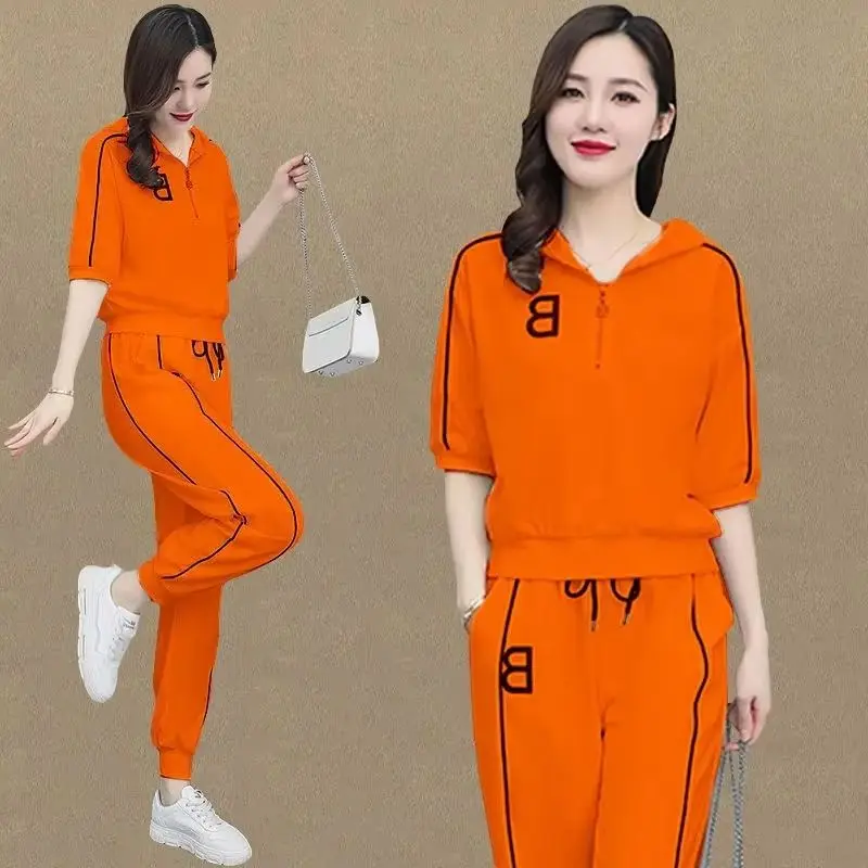 Women's Tracksuit 2025 Summer New Female Slim Leggings Pants Short Sleeves Top Casual Sets Of Two Fashion Pieces For Women Suit