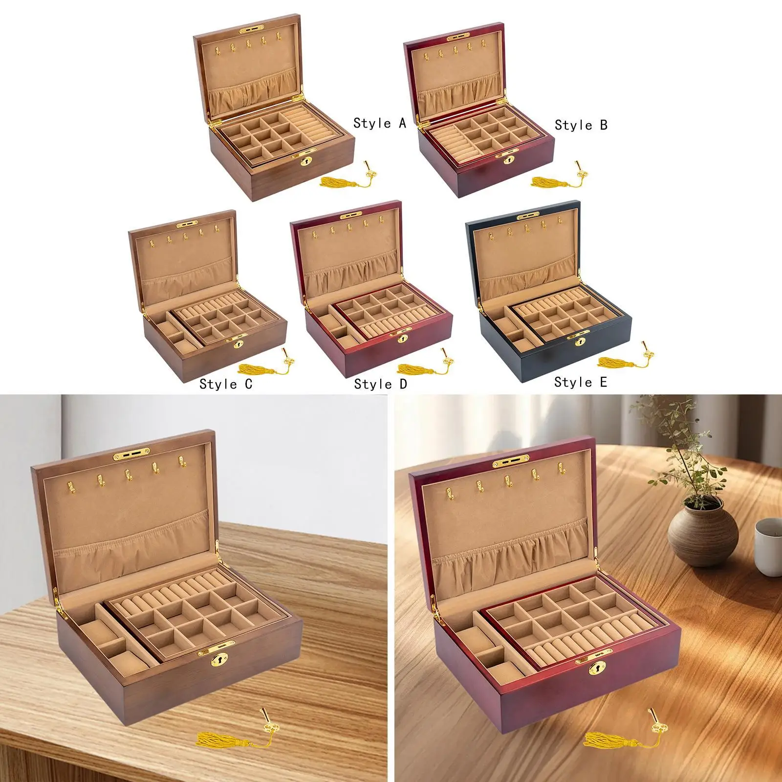 Wooden Jewelry Box Trinket Box with Lock, Solid Wood 2 Tier Built in Hooks Jewelry Organizer Holder for Rings Earrings