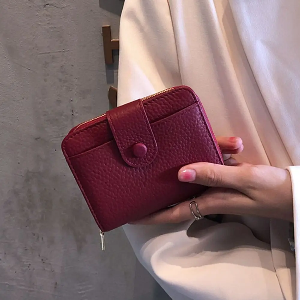 Fashion Elegant Women Short Wallet Pu Leather Zipper Business Purse Solid Color Lychee Pattern Bank/ID/Credit Card Holder Woman