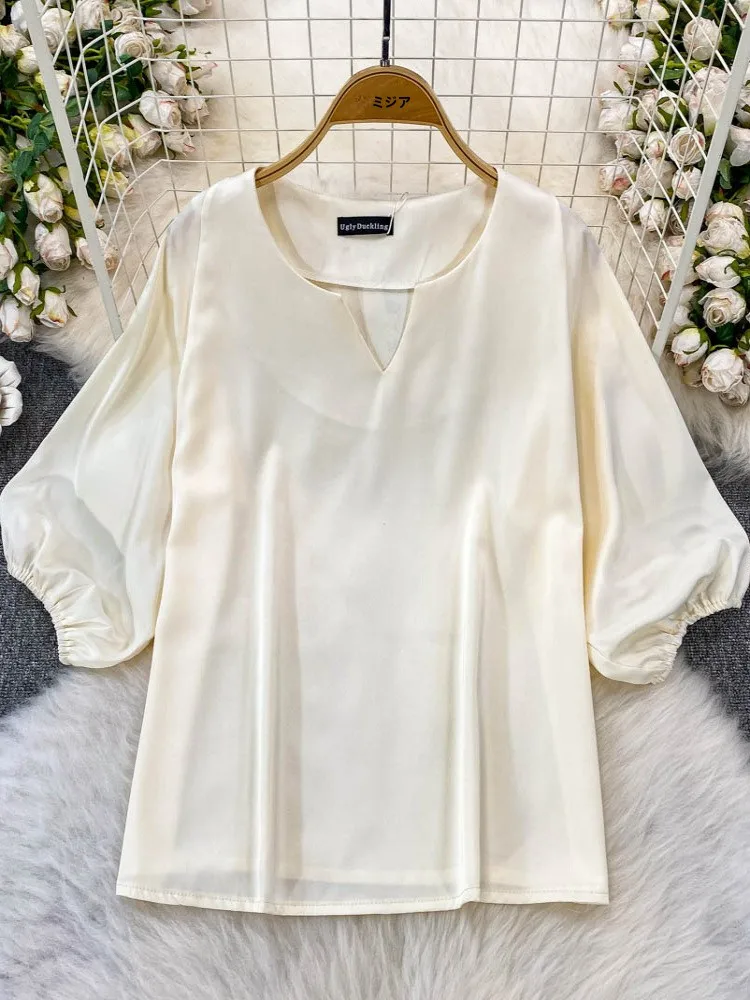 

2025 New Women's Loose Fit V-Ne Lantern Sve T-irt Satin Feel Anti-Wrinkle Apricot Versatile Loose Slimming Top