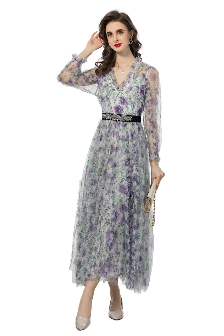 Women's Dresses V Neck Long Sleeves Floral Printed Elegant Designer A Line Mesh Party Evening Vestidos Gown with Belt