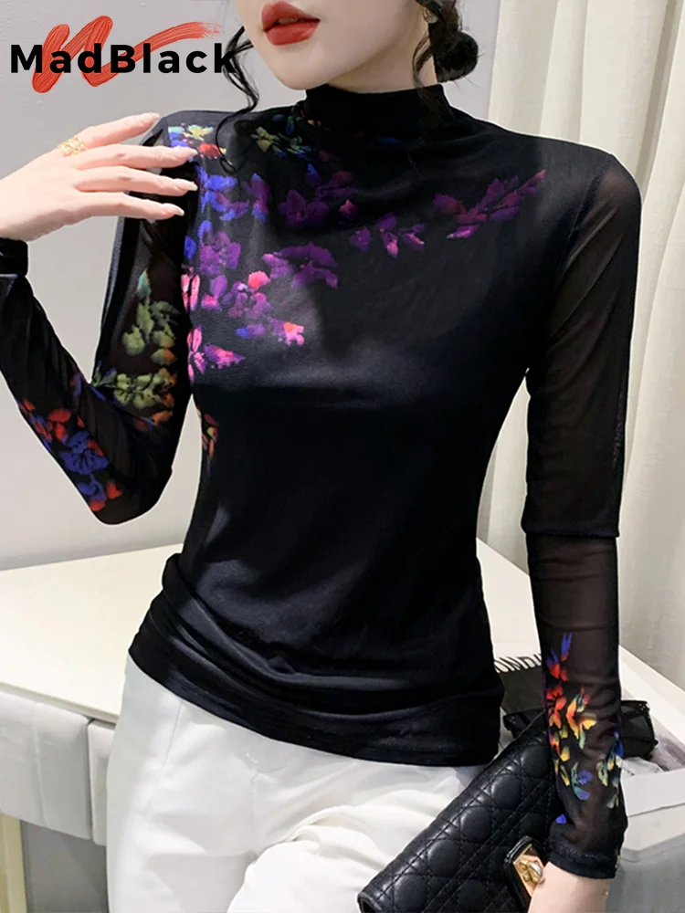 MadBlack Spring t-Shirt Sexy Position Flower Printed Women Mesh top dolcevita Bottoming Shirt manica lunga Tees New T32403Z