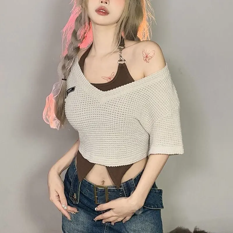 Hotsweet Halter V-Neck Pullovers Summer Slim Stylish Hollow Out Basic Female Clothing Vintage Short Sleeve T-shirt Two Piece Set