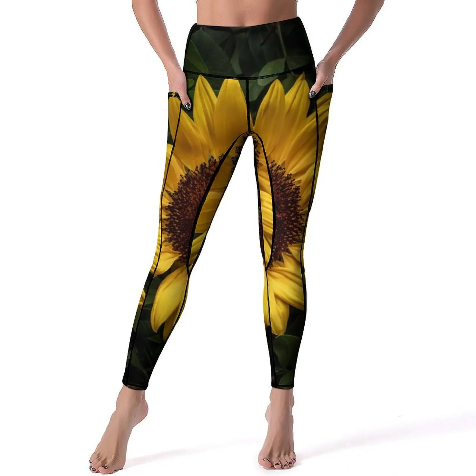 

Yellow Sunflower Print Yoga Pants With Pockets Green Leaves Leggings Sexy High Waist Funny Yoga Sports Tights Running Leggins