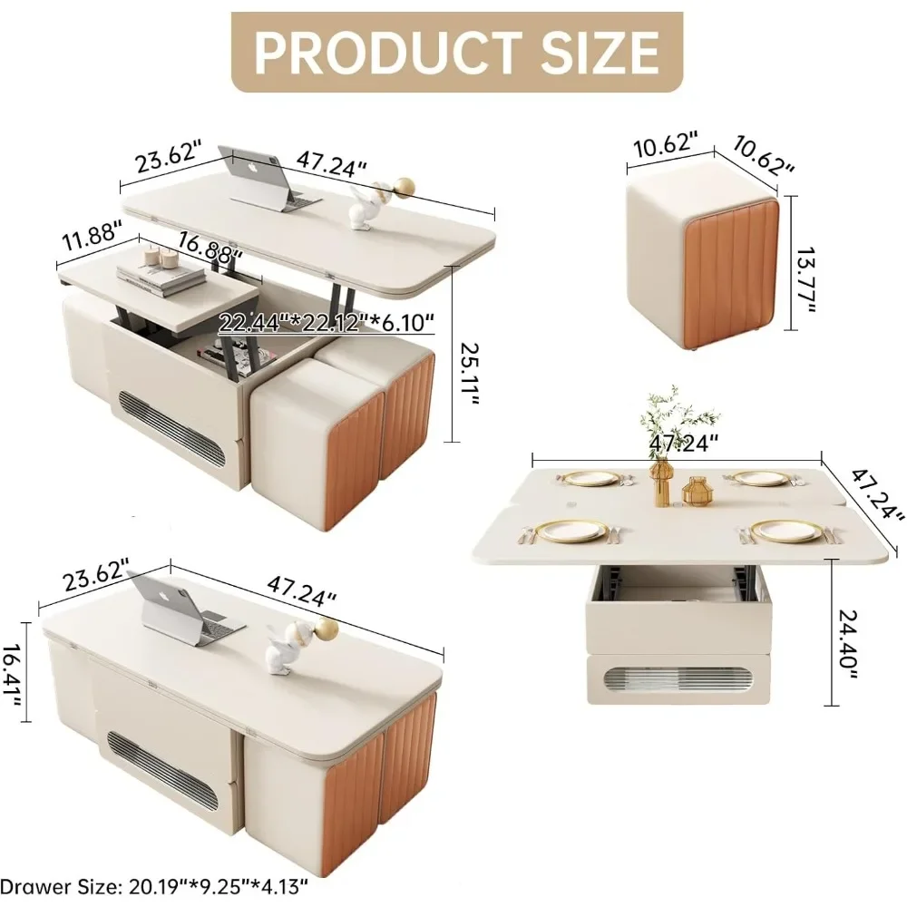 Salontafel, 3-in-1 multifunctionele opvouwbare middentafels met 4 leren krukken en verborgen compartimenten, salontafel met hefblad