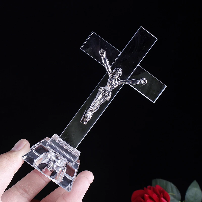 Glass Jesus Cross Crystal statue Baptismal Articles Christian office decoration Home decoration Religious beliefs