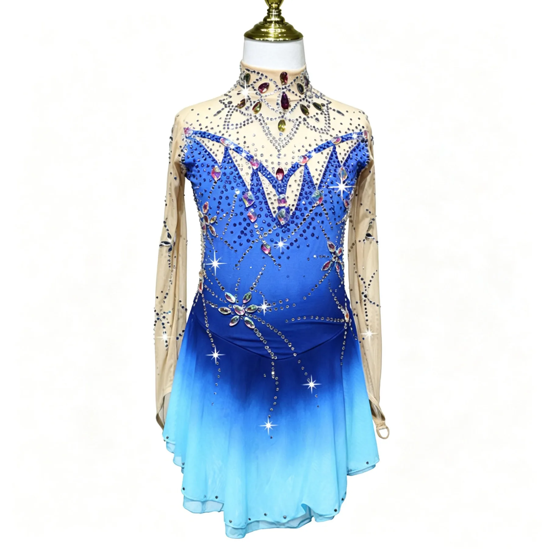 Women Figure Skating Dress Blue Gradient Long Sleeve Ice Skating Competition Costume with Rhinestones for Girls Adult