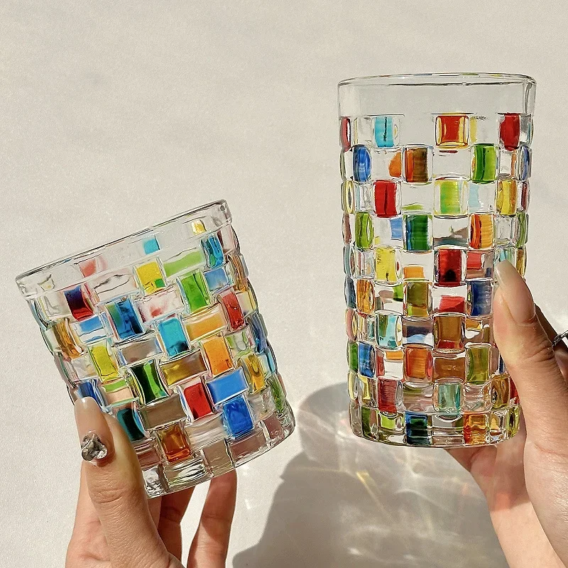Retro Painted Glass Cup Hand-painted Glass Cups Juice Weaving, Reflective high aesthetic water cup, rainbow, vintage