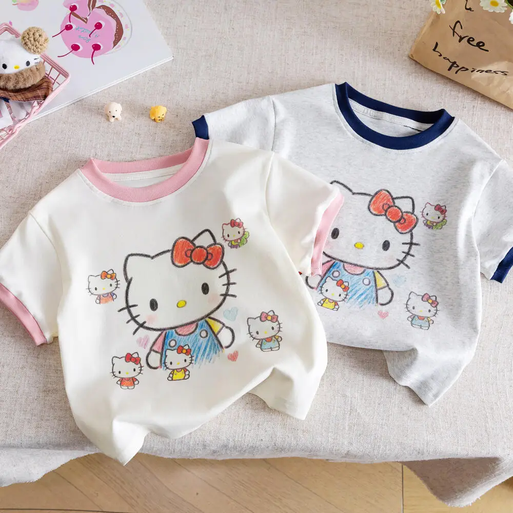 

Летняя новинка 2026 года: футболка Sanrio Hello Kitty для девочек, милая мультяшная футболка свободного кроя с короткими рукавами, удобный повседневный топ, модный тренд