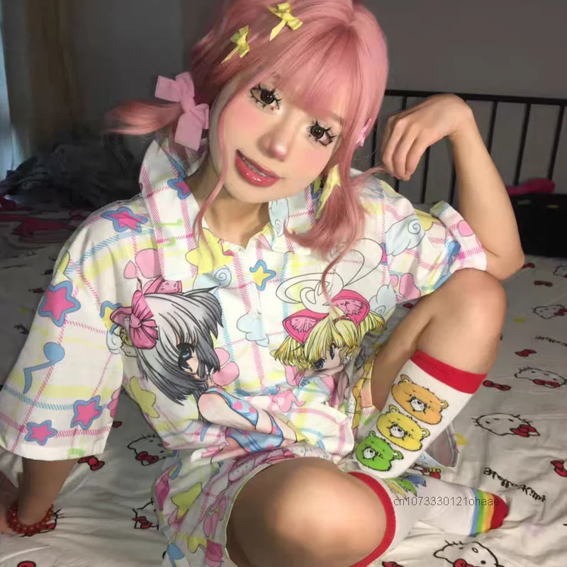 Sweet Soft Y2k Girl Fashion Anime Sleepwear Women\'s Summer New Cute Cartoon Thin Home Set Japanese Style Harajuku Kawaii Pajamas