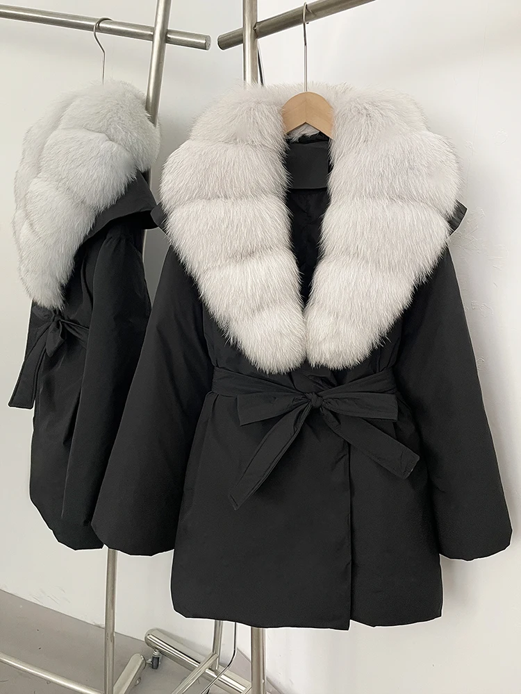 New Winter Women Thickened Warm Real Fur White Duck Down Coat Parke Outerwear Natural Fox Fur Collar Fluffy Puffer Jacket