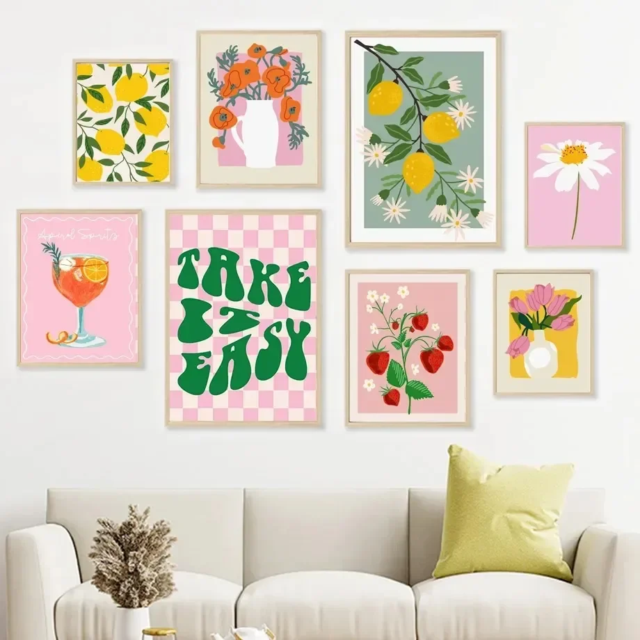 1pc frameless Canvas Painting Modern Simple Wall Art Lemon Daisy Fruit Vase Strawberry HD Canvas Print Poster Home Living Room B