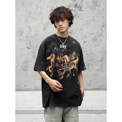 MADE EXTREME Flame horse t-shirts hip hop distressed t shirts for men 2023 summer oversized t shirt  harajuku unisex tee