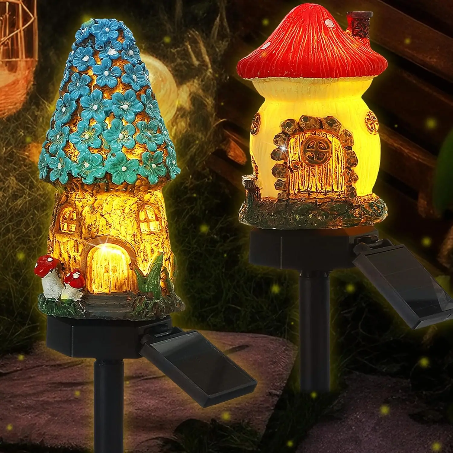 Creative Solar Resin Mushroom House Light Waterproof Small House Led Floor Plug Light For Outdoor Garden Lawn Decoratio