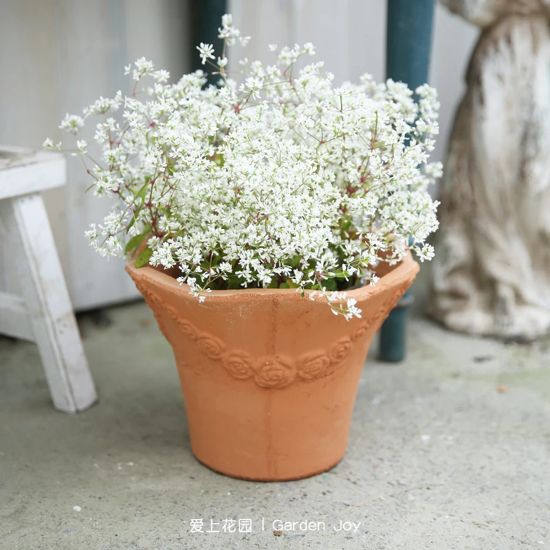 Handmade Terracotta Flower Shape Planter Pot Draining Hole in Embossed Roses