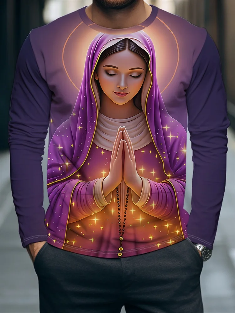Men's Purple Virgin Mary Long Sleeve T-Shirt Praying Hands Rosary Star Halo Graphic Tee Pullover Tops Gift New Church Faith
